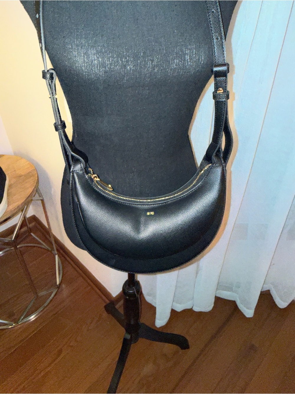 JW PEI Black Crescent Crossbody Bag with Gold Accents
